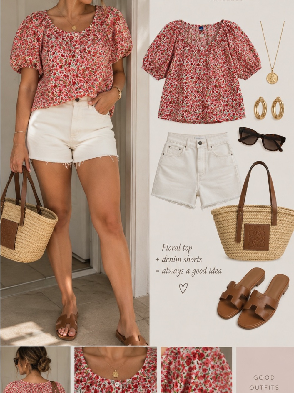 Old Navy Red Floral Puff-Sleeve Top with White Denim Shorts